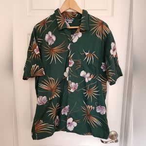 Vintage Hawaii‎ Blues Hawaiian Shirt Button Up Green With Brown Floral Size XL